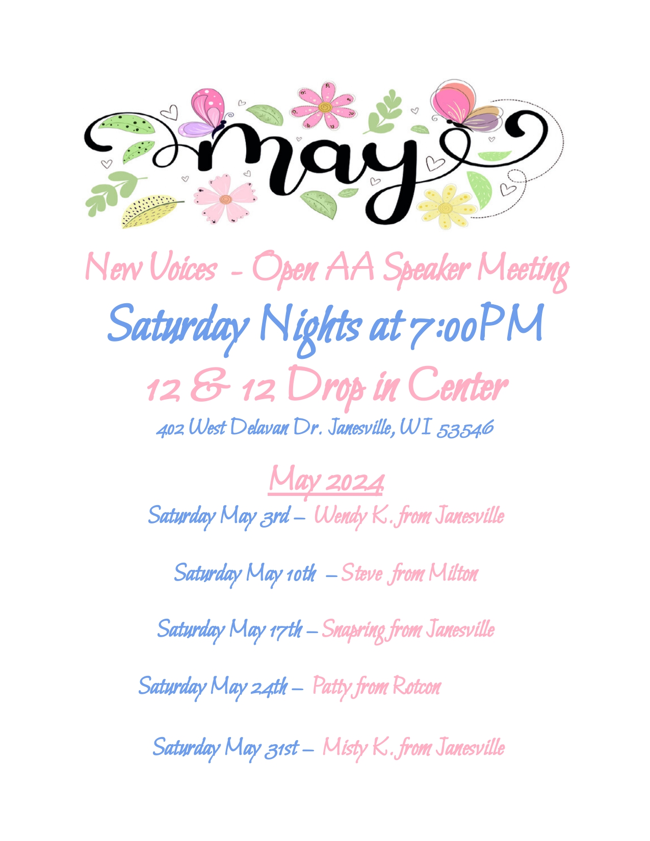 New Voices Speaker Meeting Schedule May 2025